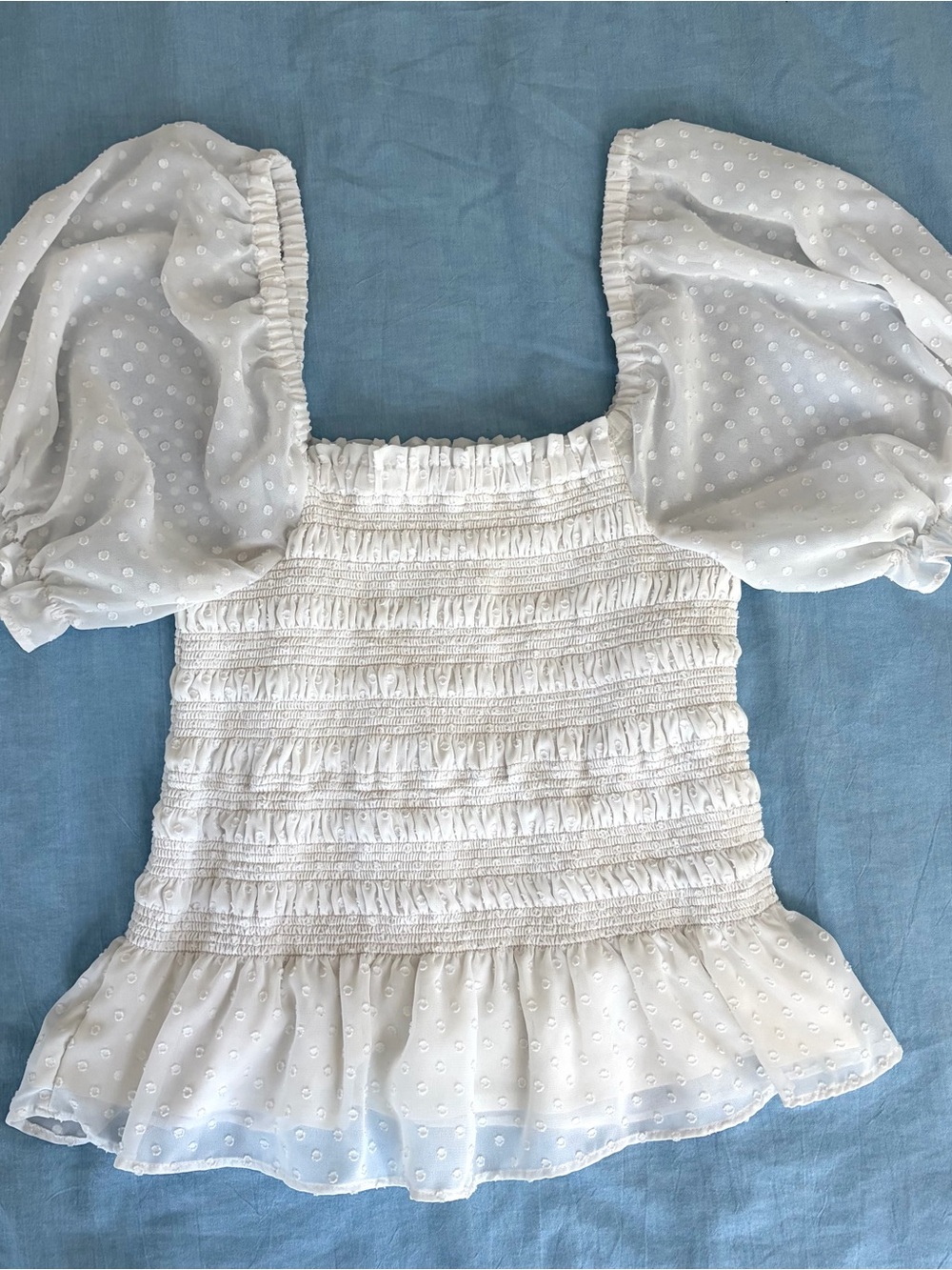 Express White Puff-Sleeve Smocked Peplum Top